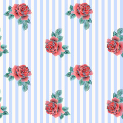 Seamless background. Embroidery roses on light blue fashion pattern.