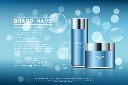 A beautiful templates for cosmetic ads, realistic 3d blue jar and bottle for moisturizing cream on a light blue shiny background with water bubbles