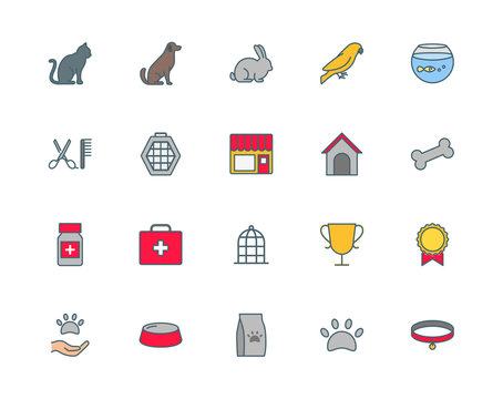 Pets set of thin line flat icons