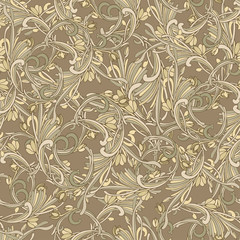 Seamless background baroque style brown color. Vintage luxury Pattern. Retro Victorian. Ornament Damascus style. Elements of flowers, leaves. illustration. Wallpaper, print packaging, textiles.