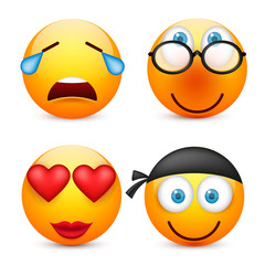 Smiley with blue eyes,emoticon set. Yellow face with emotions. Facial expression. 3d realistic emoji. Sad,happy,angry faces.Funny cartoon character.Mood.Vector illustration.