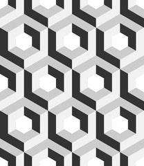 Abstract 3D background of isometric hexagonal shapes. Grey vector seamless pattern design.