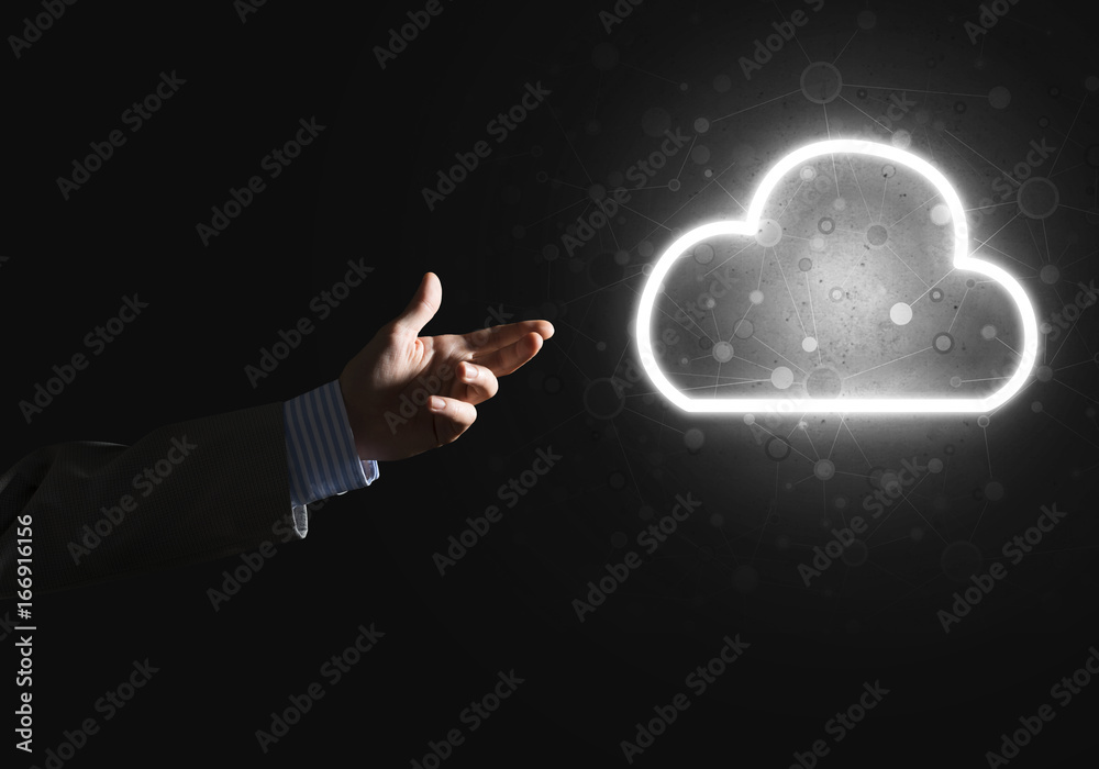 Sticker digital cloud icon as symbol of wireless connection on dark background