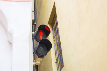 Narrowest street with traffic light in Prague city