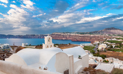 Panoramic view of the west coast of Thira (Santorini) from the Venetian fortress in the village of...