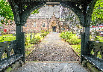 Wooden porch entrance to Saint Andrew's Church in Fort William, Scotland.