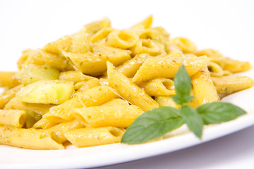 Gluten-free penne  with pesto and zucchini (corn and rice pasta)