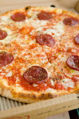 Pepperoni pizza with melted mozzarella cheese and oregano sprinkle, served in a takeaway box