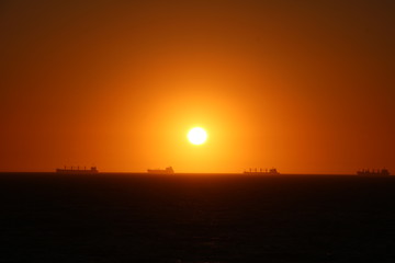 Fototapeta premium Container ships in front of Fremantle, sunset in Indian Ocean view from Cottesloe Beach, Western Australia 
