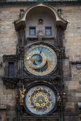 The medieval Prague astronomical clock mounted on wall of Old Town Hall in the Old Town Square in Prague, Czech Republic.