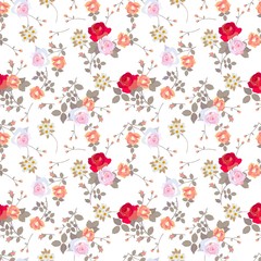 Ditsy seamless floral pattern with various roses, daisies and leaves on white background.