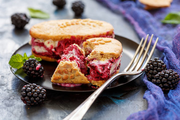 Homemade ice cream cookie sandwich with blackberry.