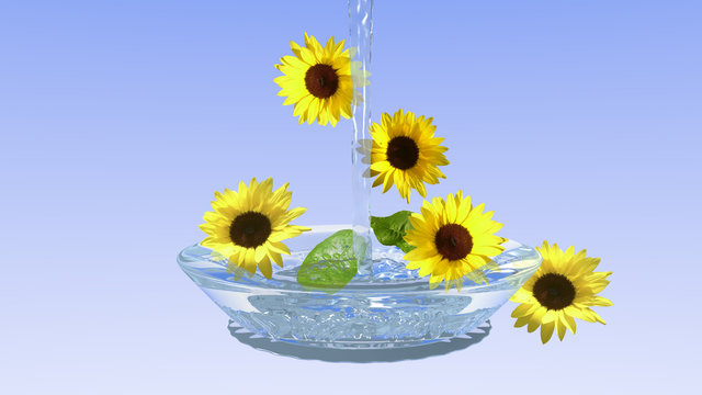 Sunflowers in a glass bowl with water