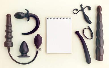 All kinds of sex toys and a notebook are on a light background. There is empty space for your text
