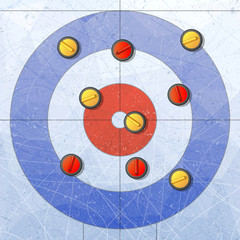 Sport. Curling stones on ice. Curling House. Playground for curling sport game. Red and yellow stones. Textures blue ice. Ice rink. Vector illustration background. - obrazy, fototapety, plakaty