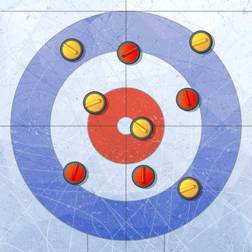 Sport. Curling stones on ice. Curling House. Playground for curling sport game. Red and yellow stones. Textures blue ice. Ice rink. Vector illustration background.