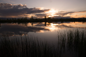 A summer sunset overlooking a lake in Colorado at St. Vrain State Park