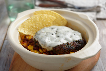 Beef burger with corn and bean