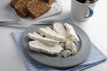Rye bread, cheese and coffee