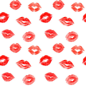 Seamless pattern with trace red lips kisses
