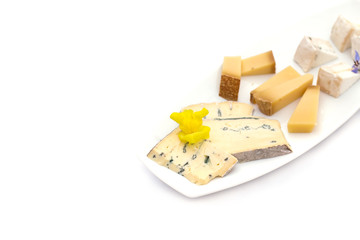 Cheese plate with different kinds of cheese with flowers.