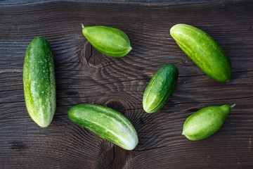 Fresh cucumbers on the wooden table. Cucumbers on a wooden background