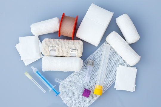 Medical bandages with sticking plaster and syringes for medical,healthcare or pharmacy themes