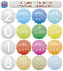 Colorful Calendar for Year 2018, in English. Week starts on Sunday