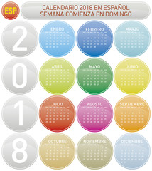 Colorful Calendar for Year 2018, in Spanish. Week starts on Sunday