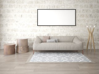 Mock up a modern living room with a leather sofa and a stylish floor lamp on a trendy background.