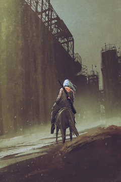 man with a gun riding horse walking in desert city with industrial buildings, digital art style, illustration painting