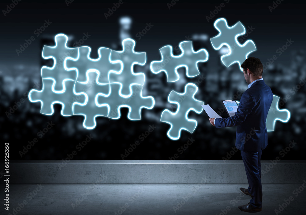 Poster Businessman searching puzzle solution on a rooftop 3D rendering