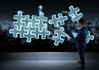 Businessman searching puzzle solution on a rooftop 3D rendering