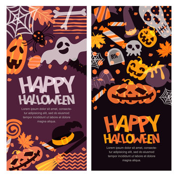 Happy Halloween vector banner set. Hand drawn doodle pumpkin, skull, witch hat, bones, candies, ghost, broom, cauldron and letters. Holiday design elements for greeting card, poster