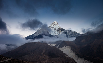 Dramatic view of the most beautiful mountain in the Himalayas - Mt Ama Dablam (6814m), after sunset,Nepal