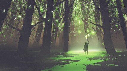 fantasy scene of alone man with torch standing in fairy tale forest,digital art style, illustration painting - obrazy, fototapety, plakaty