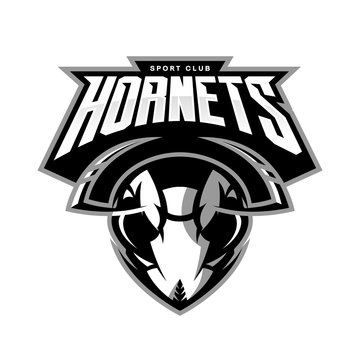 Furious hornet head athletic club vector logo concept isolated on white background. 
Modern sport team mascot badge design. Premium quality wild insect emblem t-shirt tee print illustration.