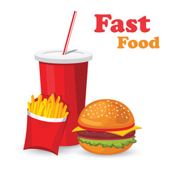 Lunch with french fries, hot dog and soda takeaway on isolated background. Fast food. Flat design. Vector.