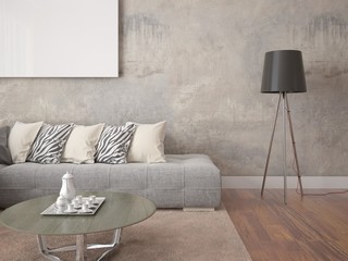 Mock up a stylish living room with a comfortable sofa and a modern floor lamp.