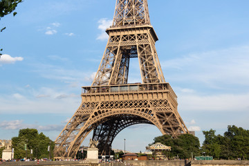 View of the detail of the Eiffel Tower in Paris. France. The Eiffel Tower was constructed from...