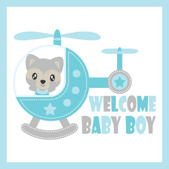 Cute baby raccoon flies with helicopter vector cartoon illustration for baby shower card design, postcard, and wallpaper