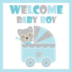 Cute baby raccoon in baby cart vector cartoon illustration for baby shower card design, postcard, and wallpaper
