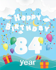 cool 84 th birthday celebration greeting card origami paper art design, birthday party poster background with clouds, balloon and gift box full color. eighty four years anniversary celebrations