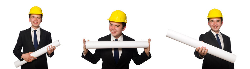 Funny architect with drawings on white