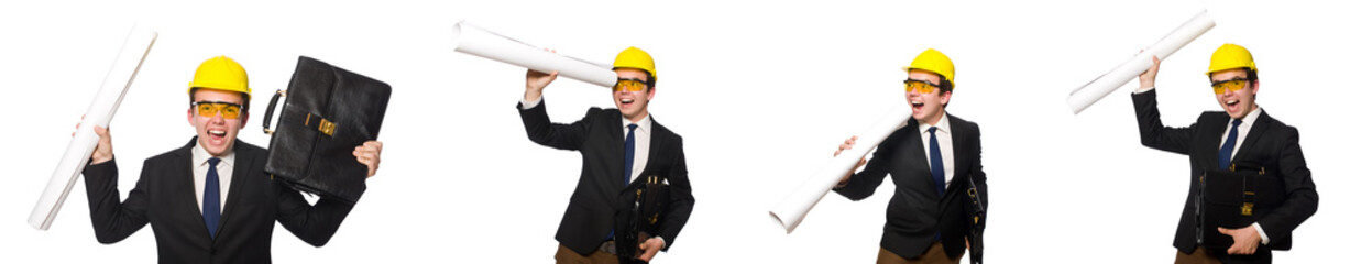 Funny architect with drawings on white