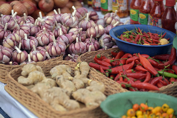 The colorful spices in free market stall typical of Brazil
