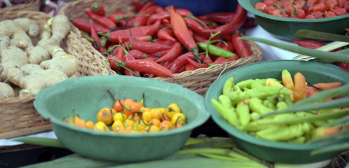 The colorful peppers in free market stall typical of Brazil