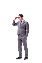 Young man with binoculars isolated on white