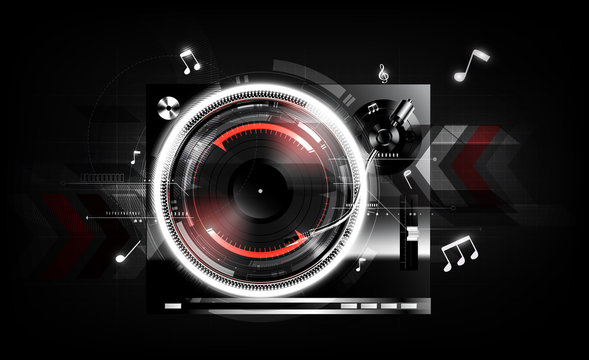 Vinyl record player turntable on black background with technology concept, Vector illustration