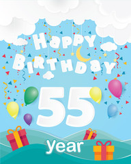 cool 55 th birthday celebration greeting card origami paper art design, birthday party poster background with clouds, balloon and gift box full color. fifty five years anniversary celebrations